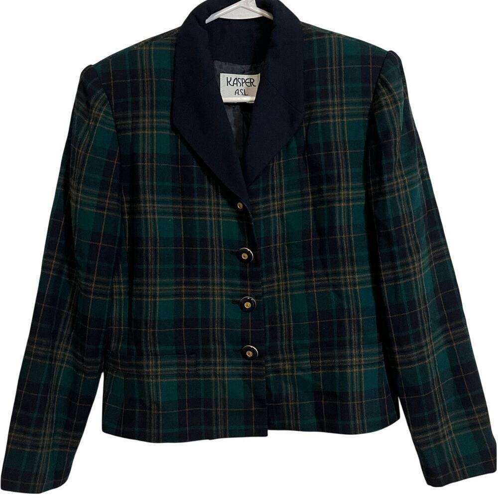Kasper ASL Petite Plaid Blazer 6P Green Navy Preppy Tartan Career Jacket